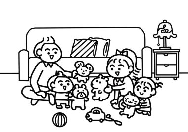 Ebeveynler çocuklarıyla oyuncak bebekler oynuyor Sayfa boyama stili.