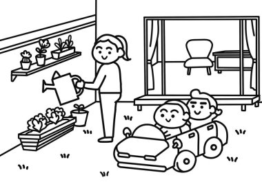 Çocuklar arka bahçede araba oyuncağı oynuyorlar.