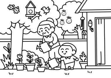 Çocuk büyükannesiyle çiçekleri suluyor..