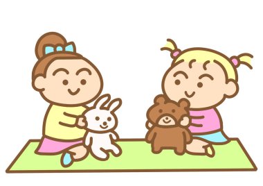 İki küçük çocuk bebeklerle oynuyor..