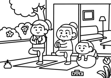 Aile evde birlikte yoga yapıyor..