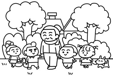 Çocuklar parkta büyükanneleriyle yürüyor..