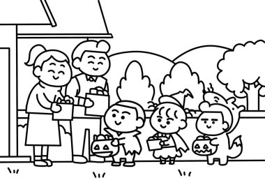 Cadılar Bayramı 'nda çocuklar sayfa boyama stilinde.