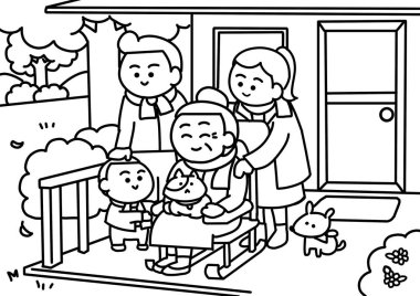 Aile dinlenmesi ev boyama sayfaları tarzında.