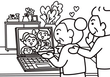 Büyükbabalar torunlarını ararken videoya çekmek için tablet kullanırlar.