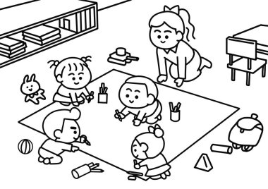 Sınıfın boyama sayfalarında öğrenen çocuklar.