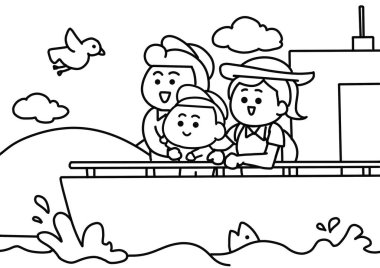 Aile tekne boyama sayfaları tarzında seyahat ediyor.