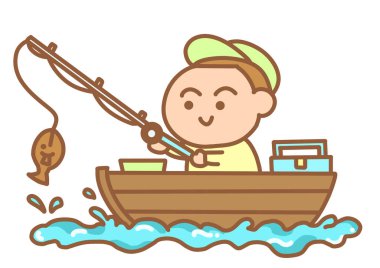 Küçük çocuk renkli çizgi film tarzında teknede balık tutuyor..