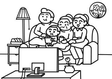 Aile televizyon izlerken sayfa boyama stili