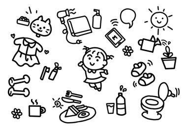 Doodle sabah rutin simgesi seti