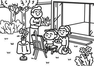 Küçük bir çocuk evde yağlı boya resim öğreniyor..    