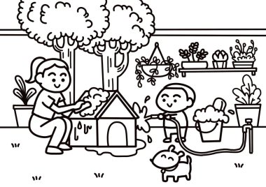 Evcil hayvan evini temizleyen küçük çocuk.