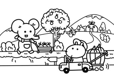 Küçük hayvanlar mahsullerini sonbahar boyama sayfaları tarzında toplarlar.