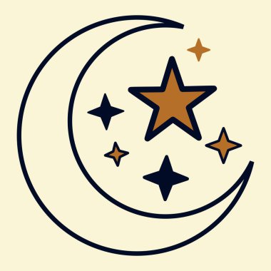 Modern soyut gece gökyüzü, hilal ay ve estetik dijital resimde parlayan yıldızlar.