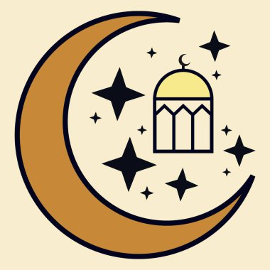Cami ve Yıldızlı Altın Hilal Ramazan ve Mübarek İslam Sembolü
