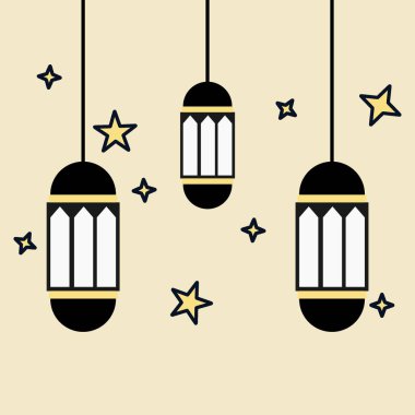 Ramazan Kareem için Bej Arkaplanda Altın Yıldızlı İslami Fenerlerin Düz Vektör Tasarımı