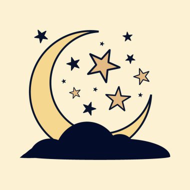 İslam Bayramı için Altın Hilal ve Bulut Vektörü İllüzyonu Üzerinde Yıldızlar