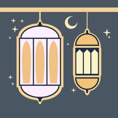 Zarif İslami Fenerler Hilal Ay ve Yıldızlarla Asılı, Mübarek Bayram ve Ramazan Bayramı için Düz Çizimler