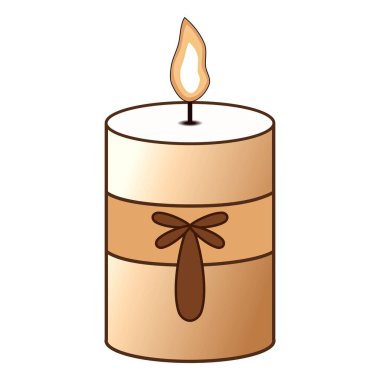 Katmanlı renklerle donatılmış modern yay süslemeli mum, silindirik şekil ve basit bir arkaplanda parlayan hafif bir alev.