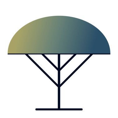 Minimalist yay şeklindeki ağaç tepesi harmanlanmış yeşil ve mavi renkler sergiliyor, dayanıklı bir gövde üzerinde duruyor ve üçgen dalları var.