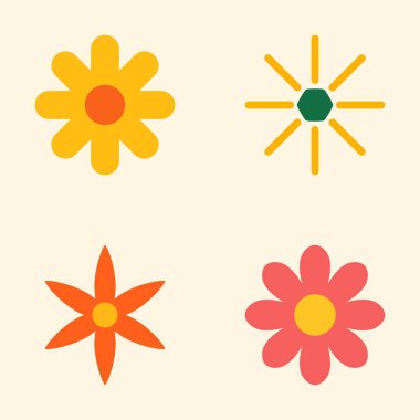 Düz Tasarımda Modern Biçimli Çiçekler Papatyalar ve Yıldız Şeklinde Çiçekler