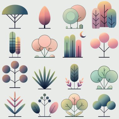 Yuvarlak ve Doğrusal Şekillere sahip Modern Düz Ağaç Resimleri Gradyan Pembe, Yeşil ve Mavi