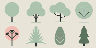 Değişik Soyut Şekiller ve Siluetlerle Pastel Renklerinde Şekillendirilmiş Vektör Ağacı Simgeleri