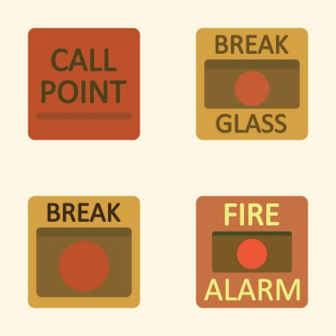 Kırmızı Daireli Acil Yangın Koruma Sembolleri ve Kare Panellerdeki Öğretici Metin