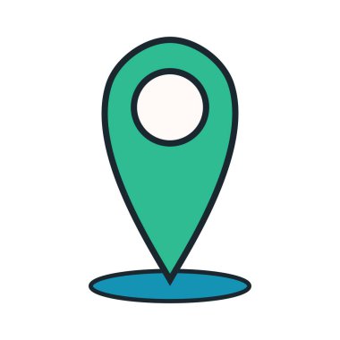 Modern vektör illüstrasyonunda en az yeşil konum simgesi beyaz merkez ve mavi tabanlı