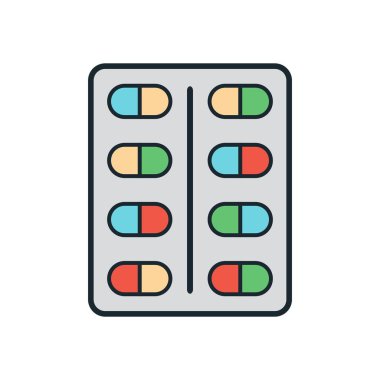 Çeşitli renk kapsül ilaçları, ilaç ve ilave konsepti içeren hap kabarcıklarının düz tasarımı