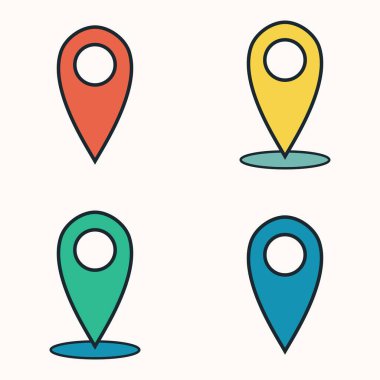 Çeşitli parlak renklerdeki vektör haritası simgeleri, seyahat ve mobil uygulamalar için minimalist coğrafi işaretleyiciler