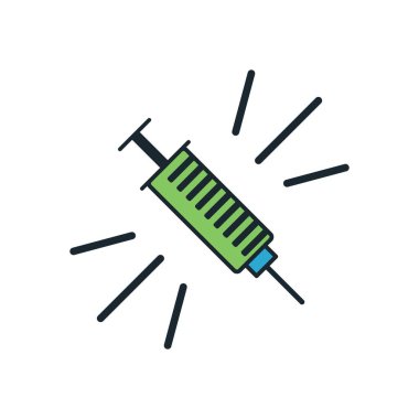 Aşı kavramını, sağlık bilincini, iğne terapisini ve modern tıbbi aletleri gösteren karikatür tarzı tıbbi şırınga görüntüsü