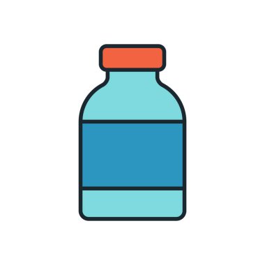Turuncu kapaklı küçük mavi ilaç şişesi, eczane veya reçeteli sembol için ana hatlı ikon