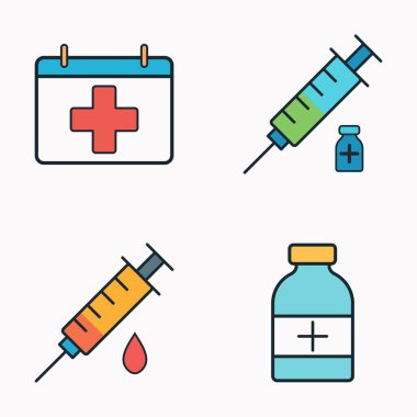 Şırınga, tüp ve klinik tarihini gösteren parlak vektör biçiminde bağışıklık ve enjeksiyon karikatür sembolleri