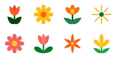 Mevsimsel dekorasyon ve doğa temaları için sekiz farklı stilize çiçeğe sahip modern botanik simgesi seti