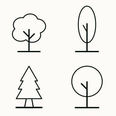Çevresel veya manzara kavramları için minimum vektör biçiminde farklı ağaç tiplerinin düz ana hatları simgeleri