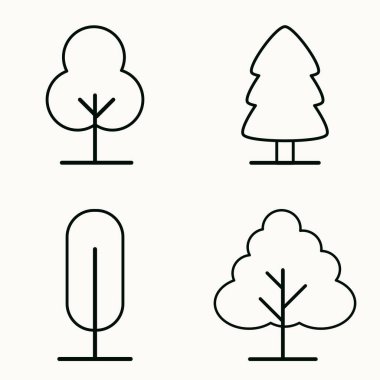 Çeşitli ağaç şekillerini ve çevresel grafik tasarımı gösteren ince çizgi biçiminde minimum orman sembolleri