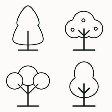 Elma ağacı, çam ve yuvarlak taç şeklinde minimalist siyah çizgili Geometrik ağaç grafikleri