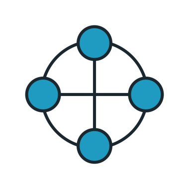 Simetrik dairesel düzen ve mavi uç noktalara sahip teknoloji veya veri ağının vektör grafiği