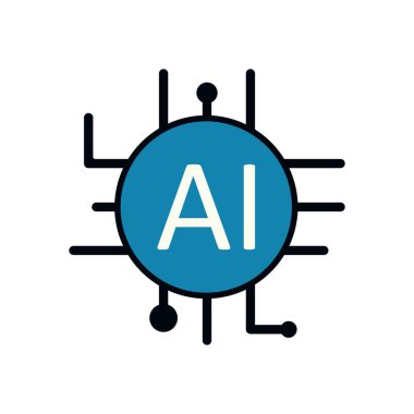 Mavi üzerine dijital işlemci düzeni ve beyaz metin içeren modern yapay zeka teknolojisi sembolü