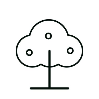 Modern İnce Çizgili Ağaç Simgesi: Simetrik Üç Yerli Tepe Örtüsü ve Geometrik Dairesel Şekilde Şekillendirilmiş Meyveler