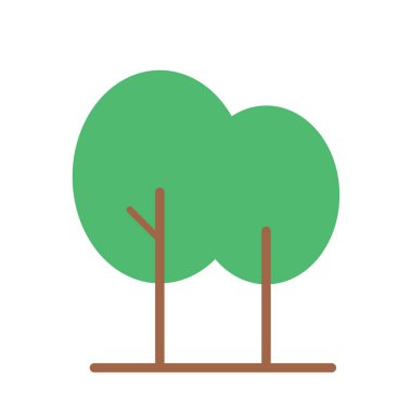 Kahverengi dikey sapları ve ekolojik grafikler için zemin çizgisi olan düz biçimli yeşil daire tepeli ağaç ikilisi