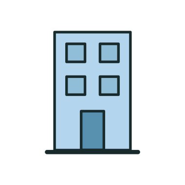 Dikdörtgen yapısı, düz çatısı ve simetrik pencere düzenine sahip basit çizgi film binası simgesi