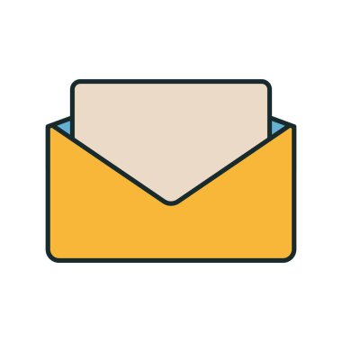 İçinde bej harf kağıdı olan sarı açık zarf simgesi, beyaz arkaplanda düz stil iletişim sembolü