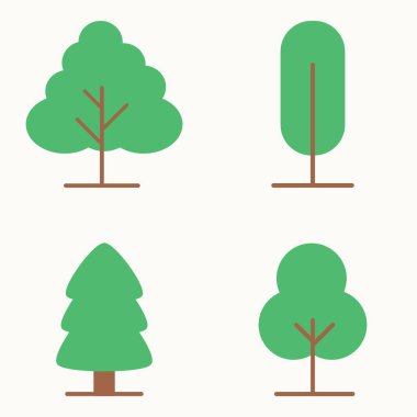 Modern düz tarzda farklı tepe örtüsü şekilli ve kahverengi saplı şirin çizgi film tarzı ağaçlar koleksiyonu