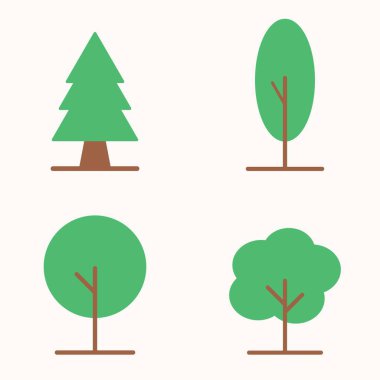 Yeşil yapraklı ve kahverengi saplı renkli düz ağaç elementleri modern temiz doğa görünümlü.