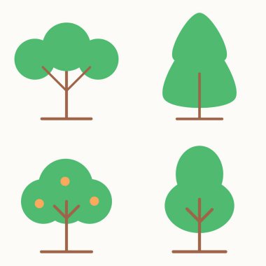 Modern düz dizaynlı şirin geometrik ağaçlar. Doğal yeşil gölgelikleri ve düz kahverengi dalları var.