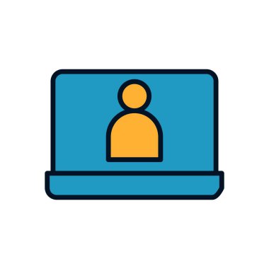 Video çağrısı, webinar veya telekonferans konsepti tasarımı için insan figürü simgesine sahip vektör dizüstü bilgisayar