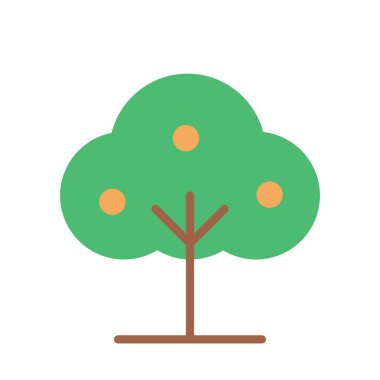 Kahverengi gövdeli ve yuvarlak yapraklı yeşil meyve ağacının modern düz çizimi eko veya çiftlik tasarımı için