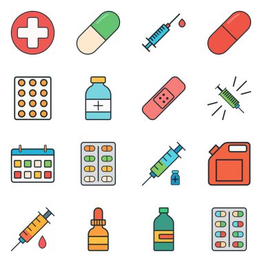 Tıbbi araçların ve uyuşturucu kaynaklarının modern vektör simgeleri düz tarzda kalın hatlar ve yumuşak renklerle